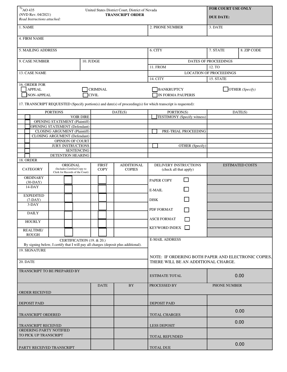 Form AO435 Transcript Order - Nevada, Page 1