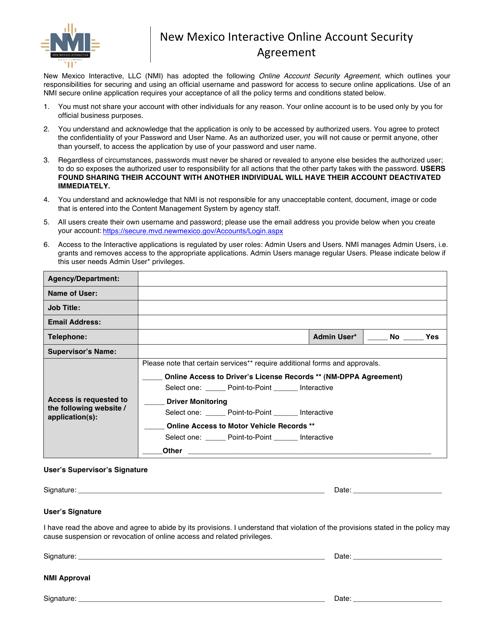 New Mexico Interactive Online Account Security Agreement - New Mexico Download Pdf