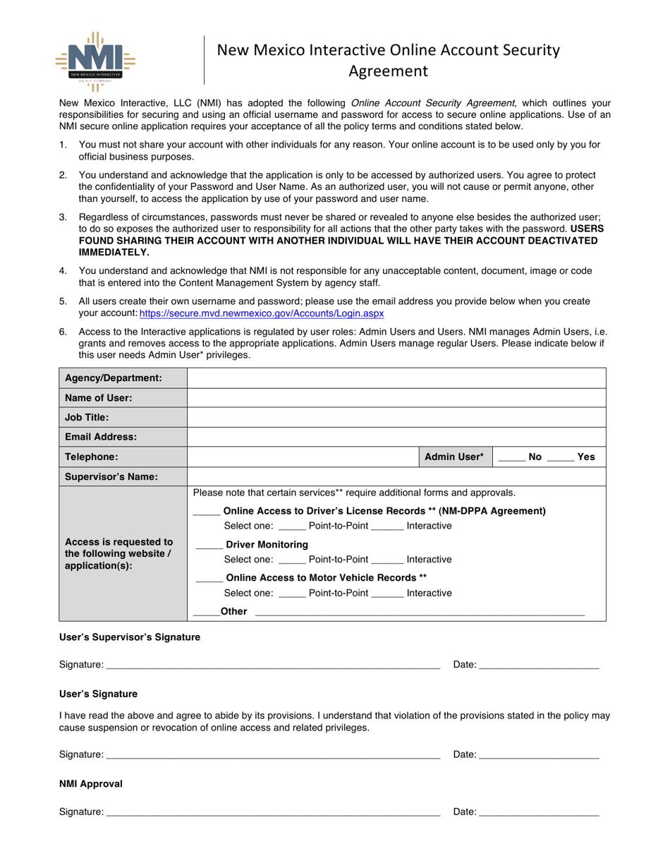 New Mexico Interactive Online Account Security Agreement - New Mexico, Page 1