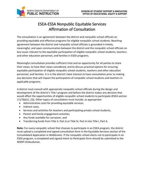 Affirmation of Consultation With Nonpublic School Officials for Titles Ia, Iia, Iiia, and Iva - North Dakota Download Pdf