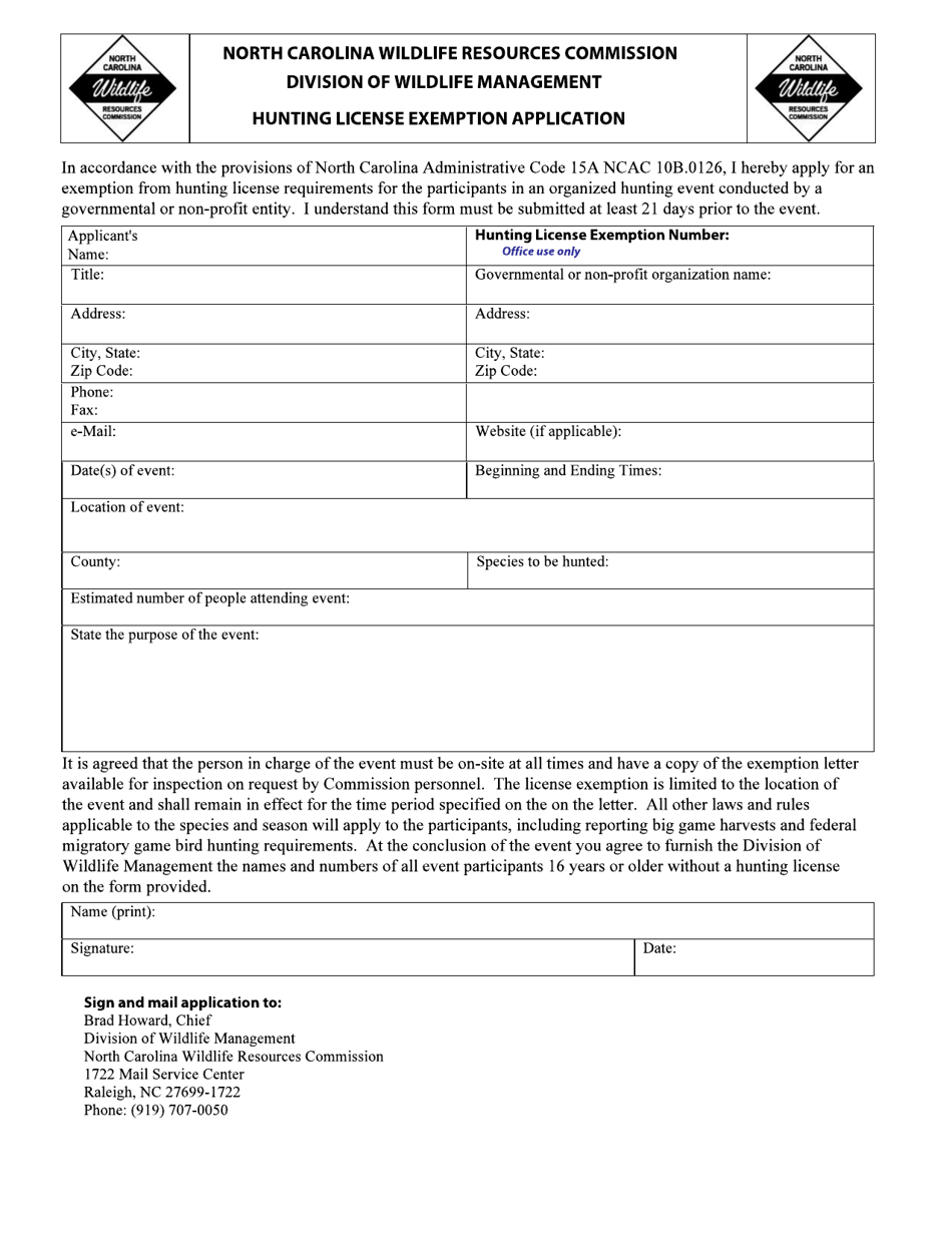 North Carolina Hunting License Exemption Application Fill Out, Sign