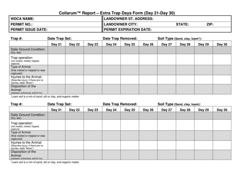 Collarum Report  Extra Trap Days Form (Day 21-day 30) - North Carolina, Page 1