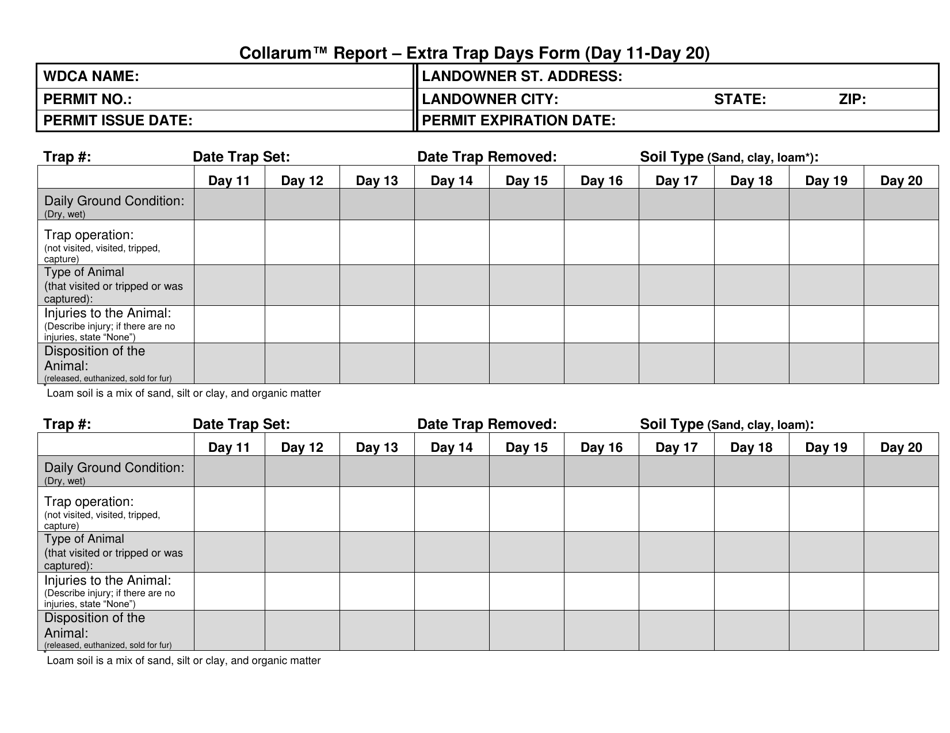 Collarum Report - Extra Trap Days Form (Day 11-day 20) - North Carolina, Page 1