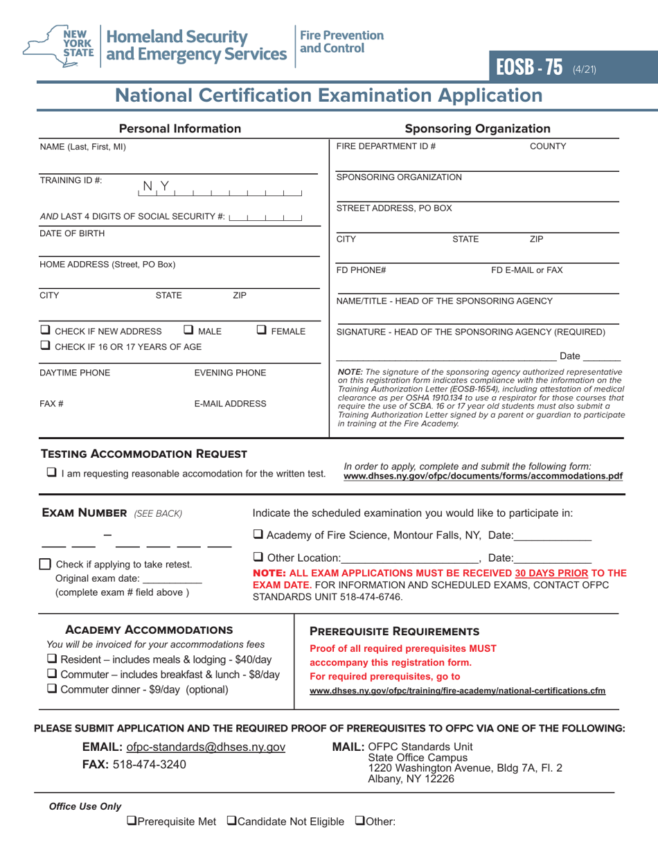 Form EOSB-75 National Certification Examination Application - New York, Page 1