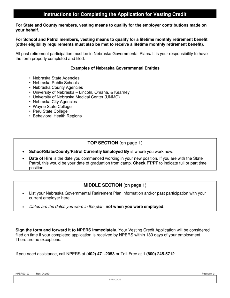 Form NPERS2100 Application for Vesting Credit / Prior Service Credit - Nebraska, Page 2