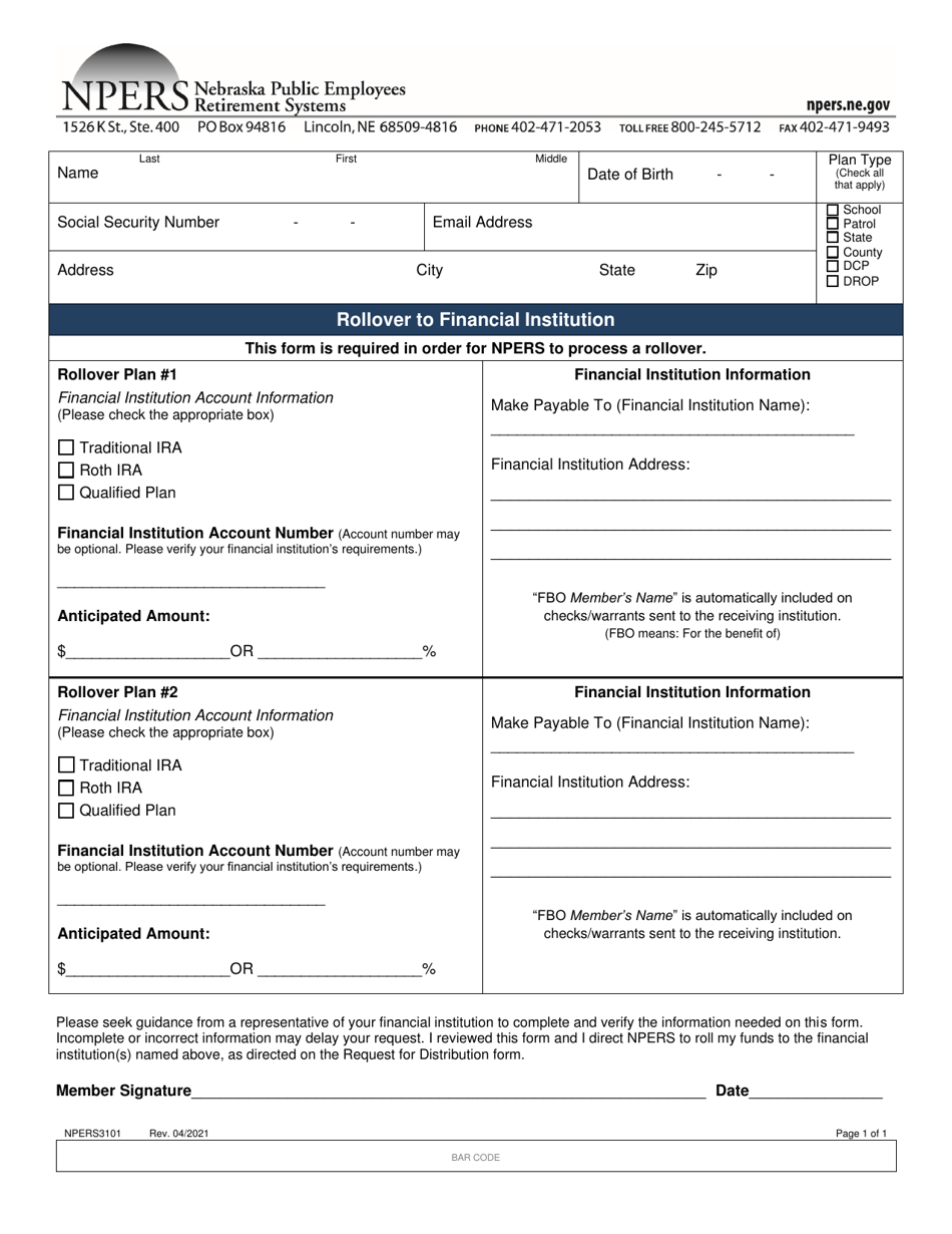 Form NPERS3101 Rollover to Financial Institution - Nebraska, Page 1