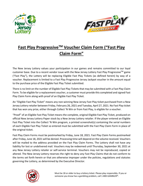 Fast Play Progressive Voucher Claim Form - New Jersey Download Pdf