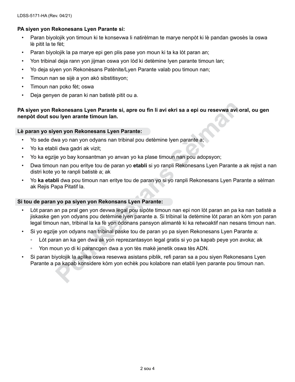 Form LDSS-5171 Acknowledgment of Parentage - New York (Haitian Creole), Page 2