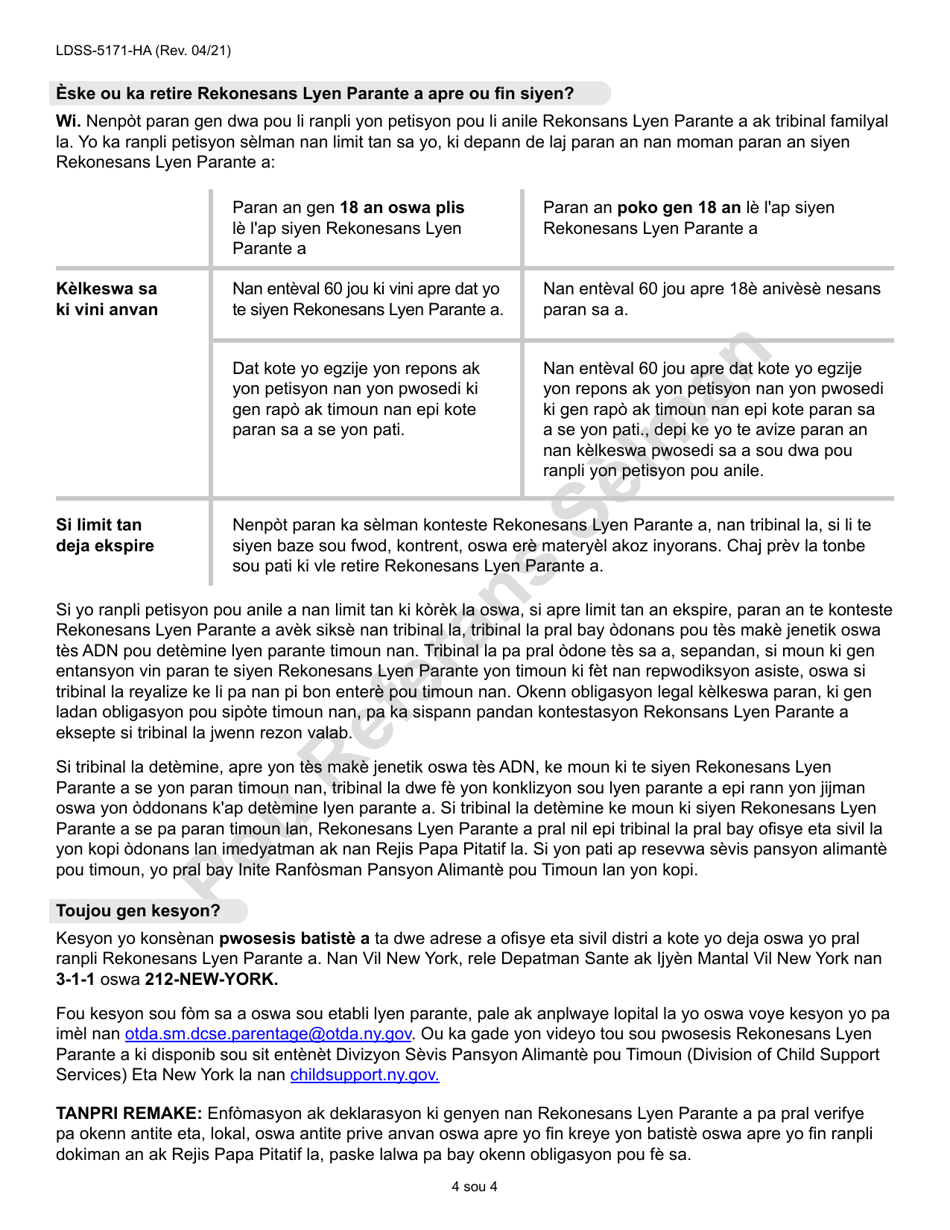 Form LDSS-5171 Acknowledgment of Parentage - New York (Haitian Creole), Page 4
