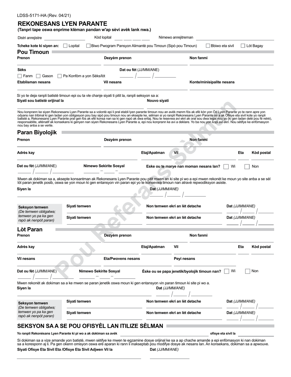 Form LDSS-5171 Acknowledgment of Parentage - New York (Haitian Creole), Page 5