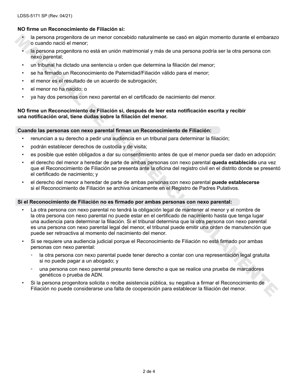 Formulario LDSS-5171 Reconocimiento De Filiacion - New York (Spanish), Page 2