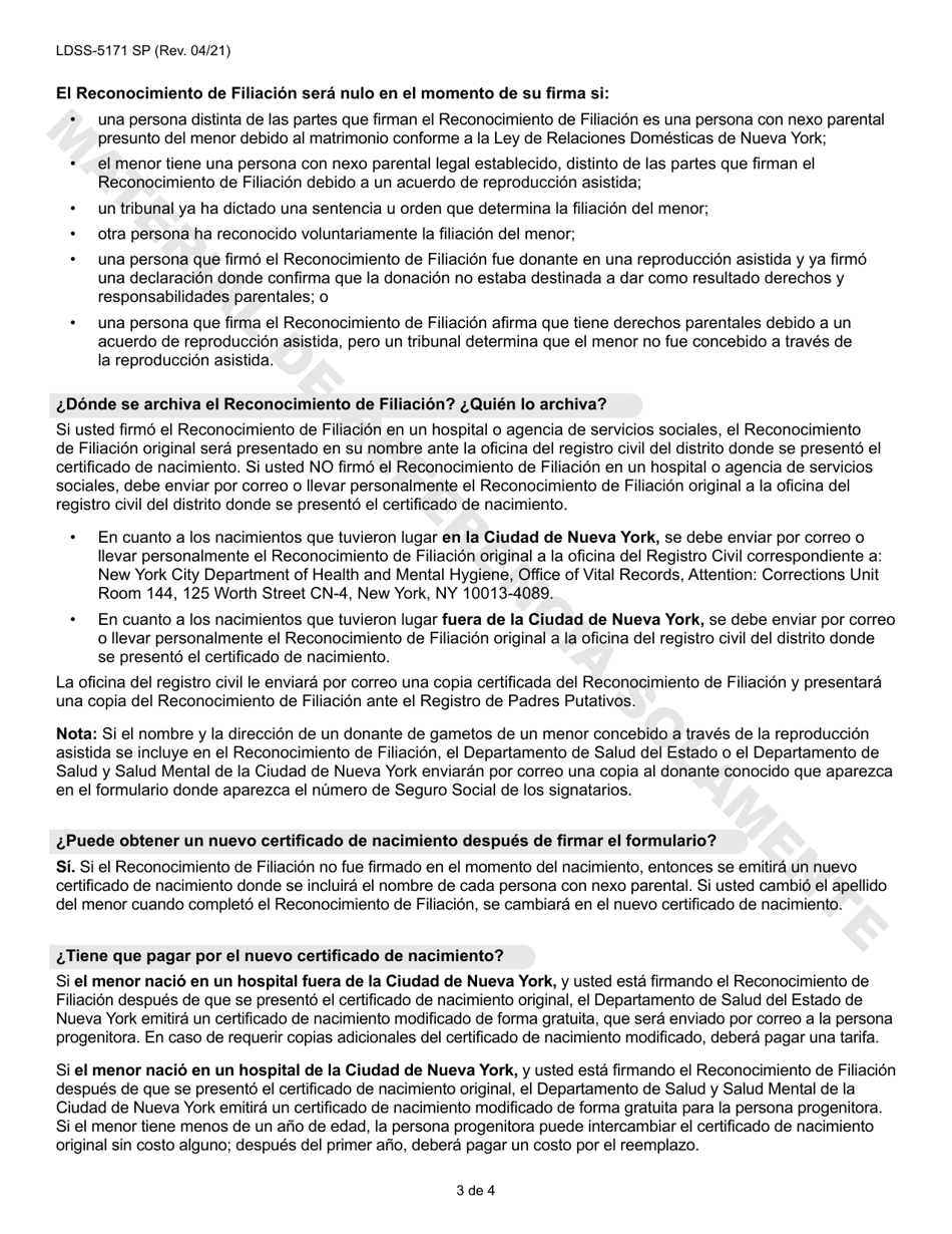 Formulario LDSS-5171 Reconocimiento De Filiacion - New York (Spanish), Page 3