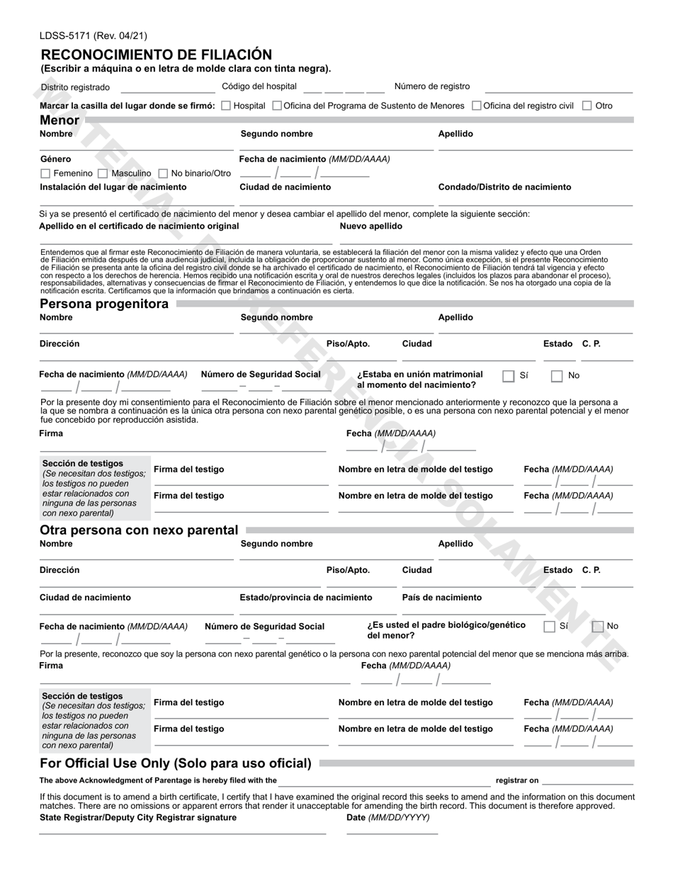 Formulario LDSS-5171 Reconocimiento De Filiacion - New York (Spanish), Page 5