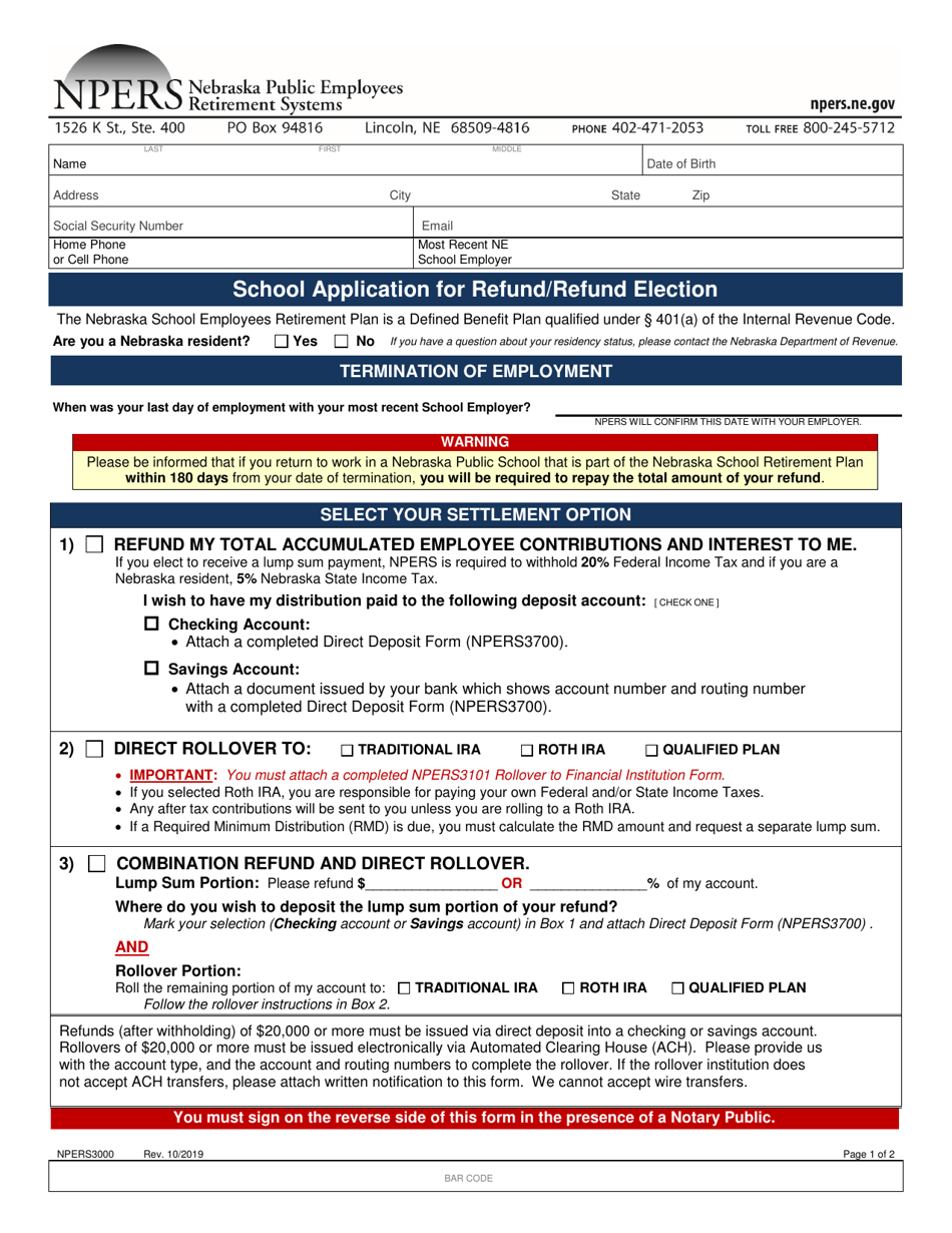 Form NPERS3000 School Application for Refund / Refund Election - Nebraska, Page 1