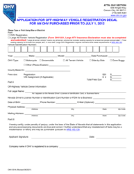 Form OHV001A Application for Off-Highway Vehicle Registration Decal for an OHV Purchased Prior to July 1, 2012 - Nevada, Page 2