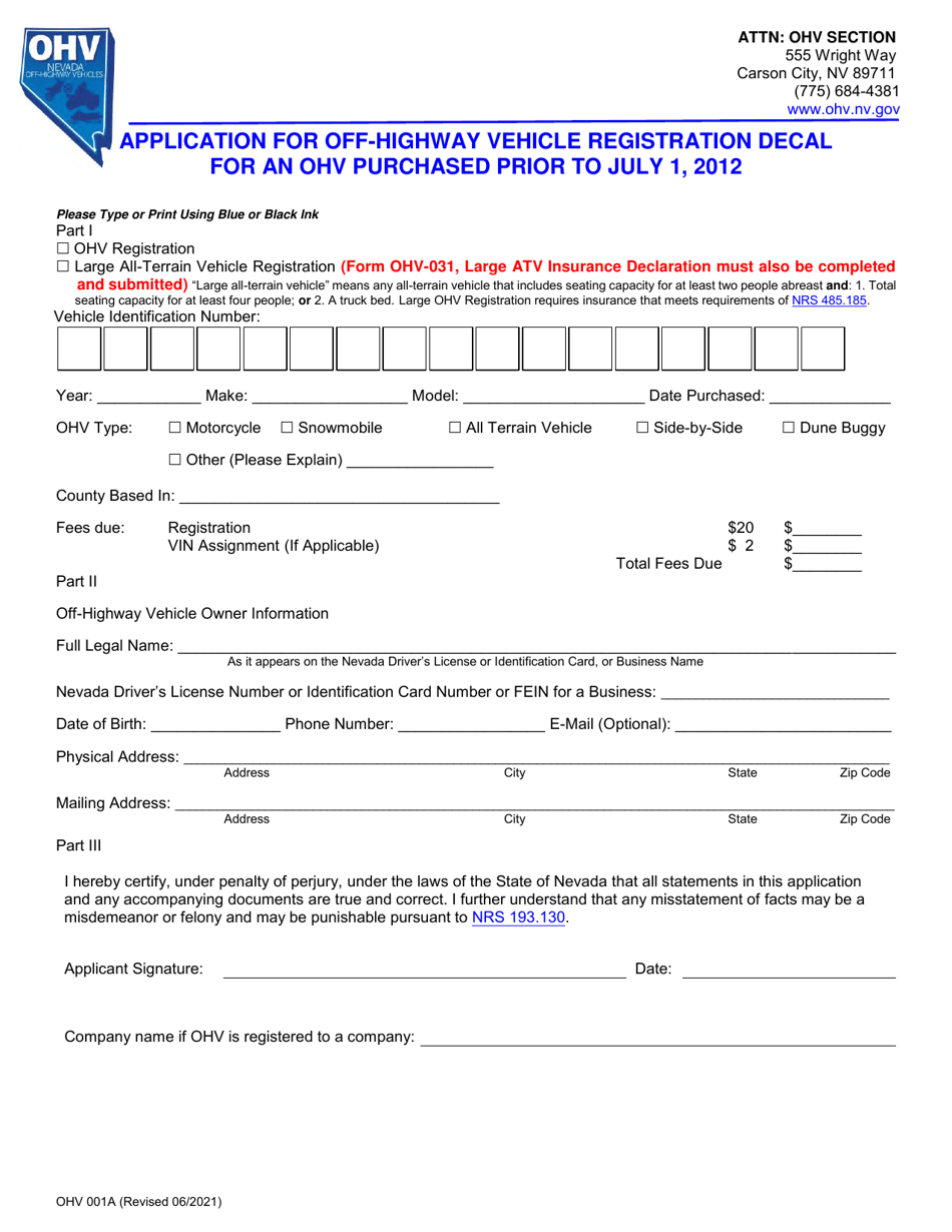 Form OHV001A Application for Off-Highway Vehicle Registration Decal for an OHV Purchased Prior to July 1, 2012 - Nevada, Page 2