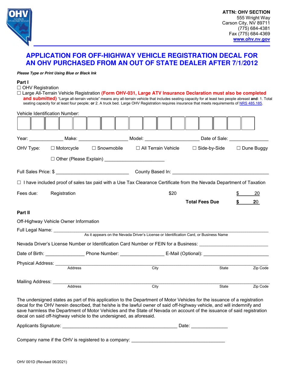 Form OHV001D Application for Off-Highway Vehicle Registration Decal for an OHV Purchased From an out of State Dealer After 7 / 1 / 2012 - Nevada, Page 2