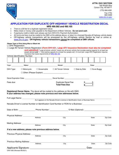 Form OHV008 Application for Duplicate Off-Highway Vehicle Registration Decal - Nevada