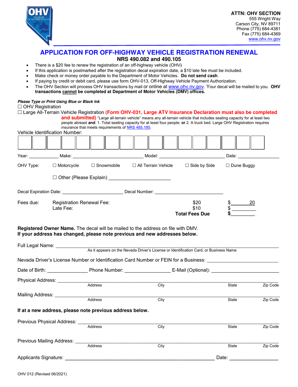Form OHV012 Application for Off-Highway Vehicle Registration Renewal - Nevada, Page 1