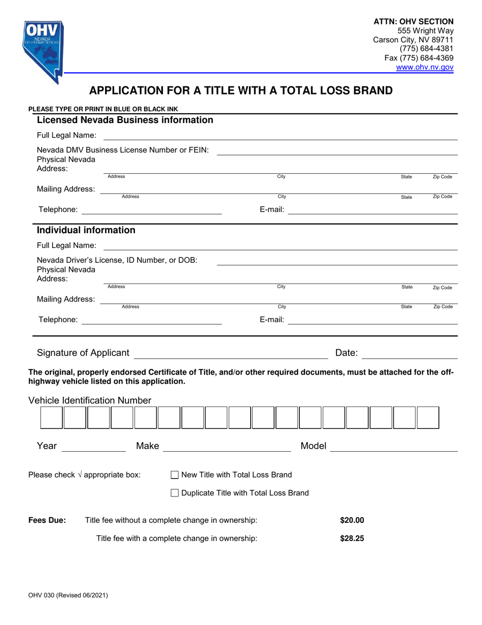 Form OHV030 Application for a Title With a Total Loss Brand - Nevada, Page 1