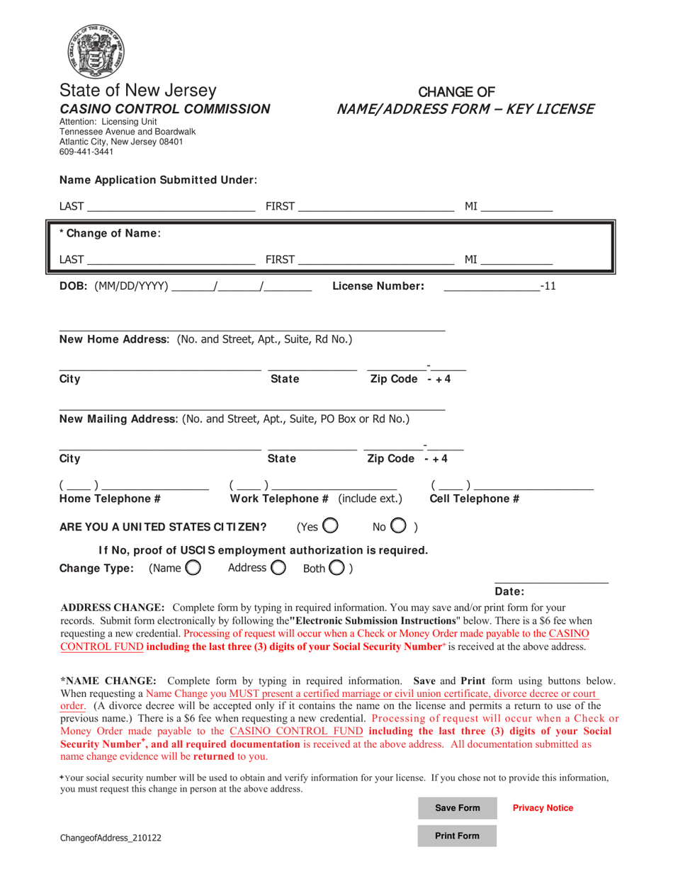 Key License Change of Address / Name Form - New Jersey, Page 1