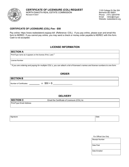 Certificate of Licensure (COL) Request - North Dakota Download Pdf