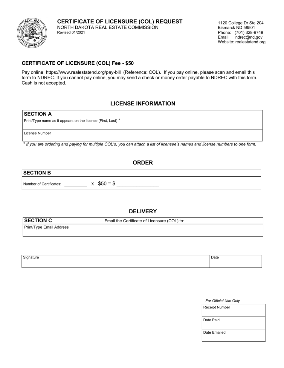 Certificate of Licensure (COL) Request - North Dakota, Page 1