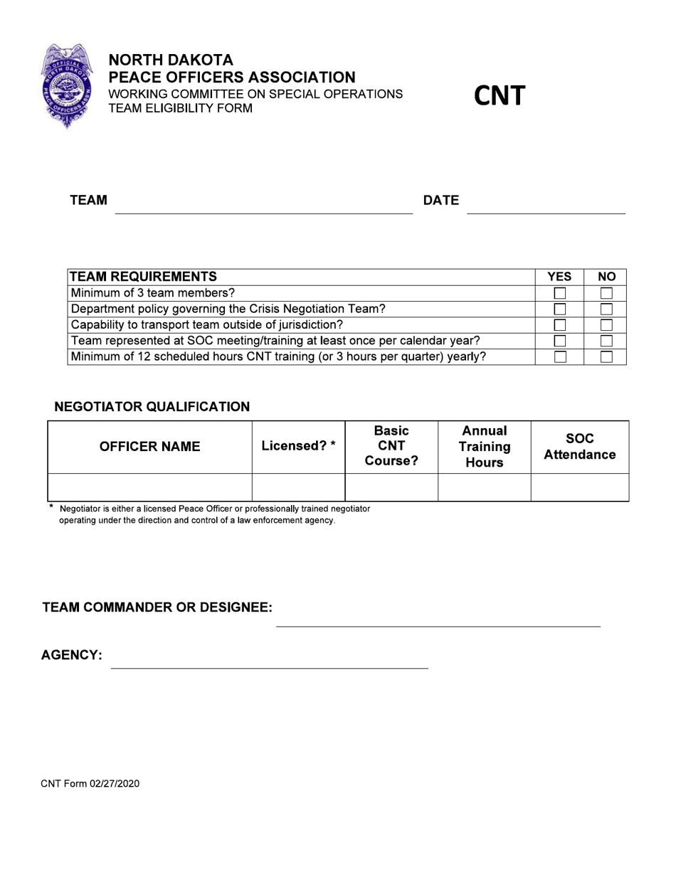 Form CNT Working Committee on Special Operations Team Eligibility Form - North Dakota, Page 1