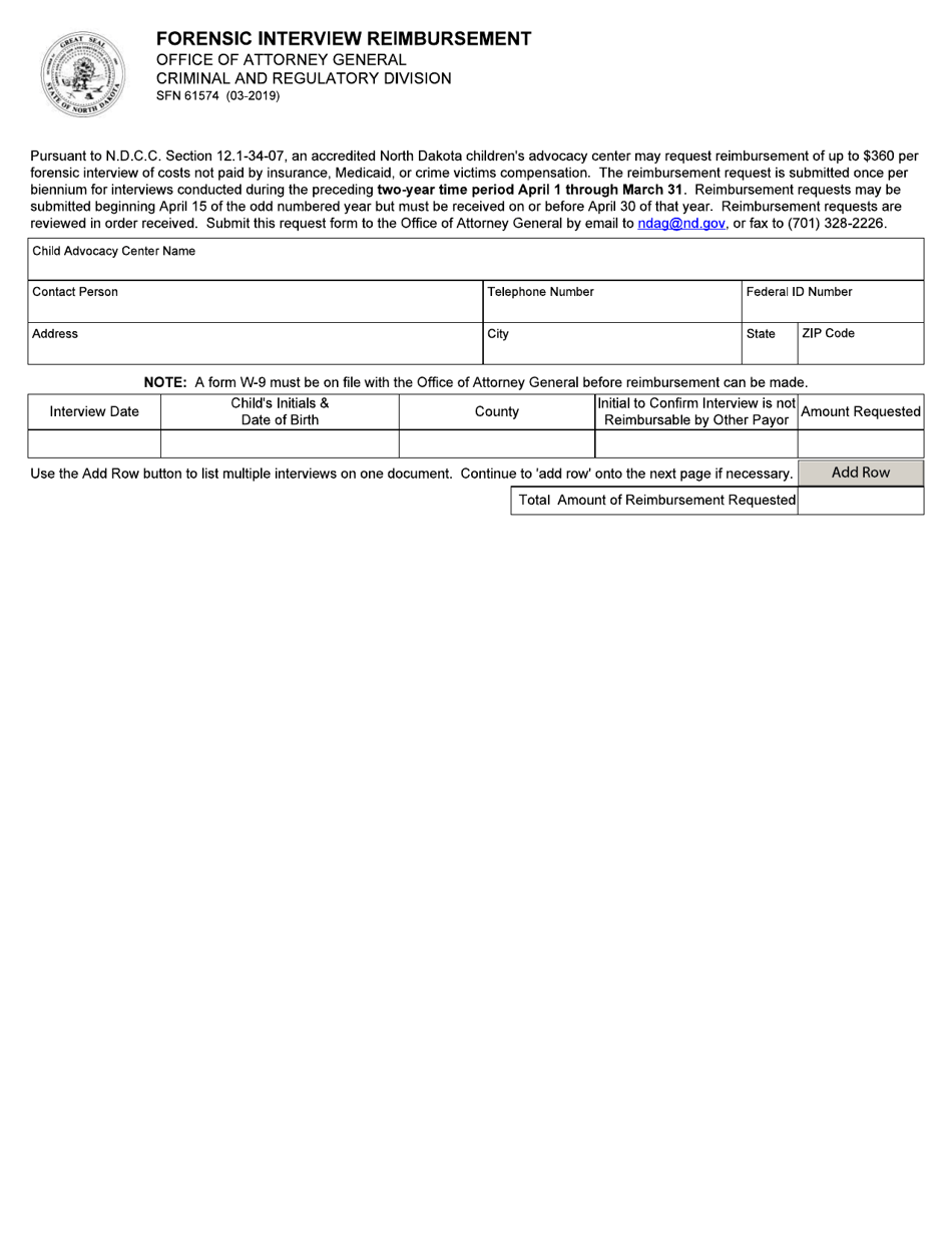 Form SFN61574 Forensic Interview Reimbursement - North Dakota, Page 1