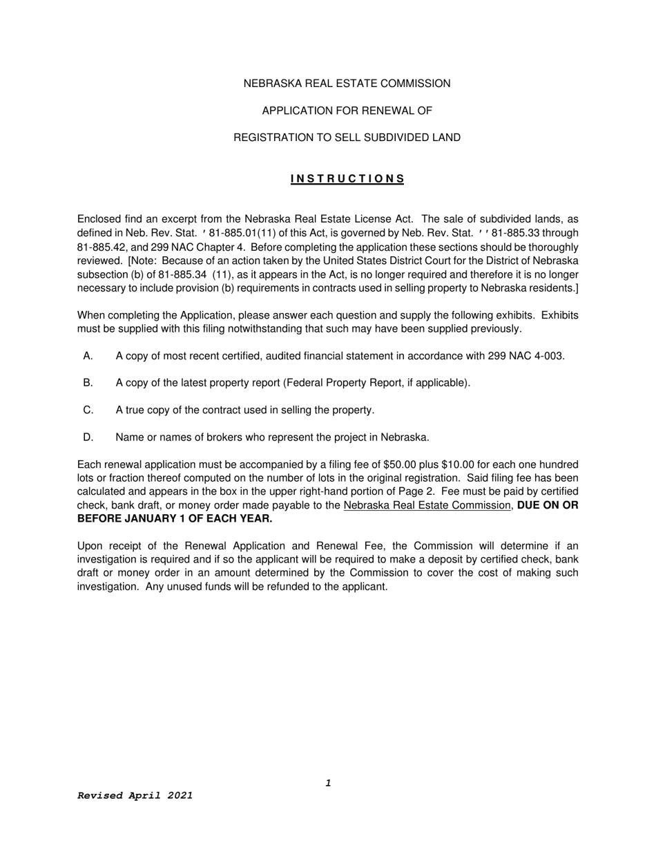 Application for Renewal of Registration to Sell Subdivided Land - Nebraska, Page 1