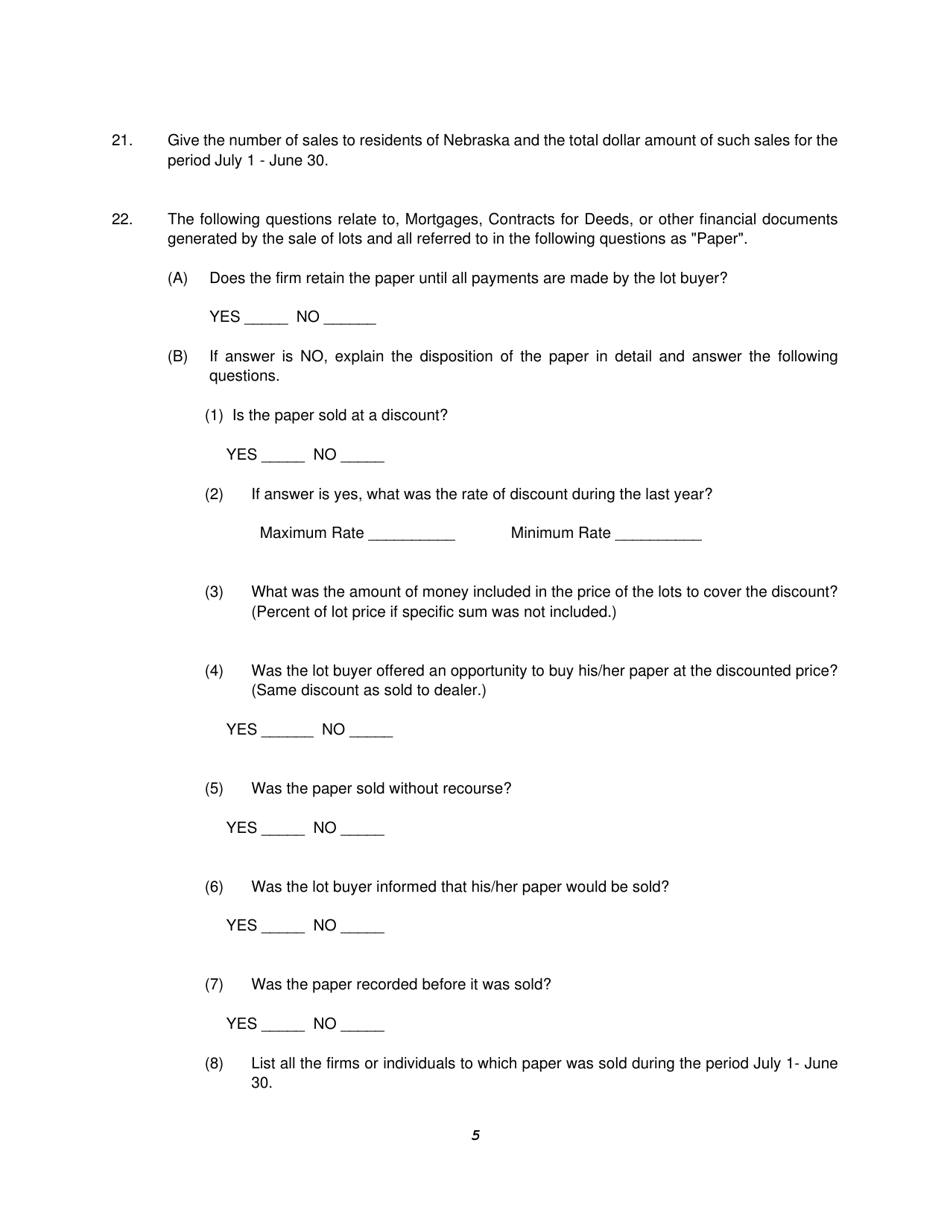 Application for Renewal of Registration to Sell Subdivided Land - Nebraska, Page 5