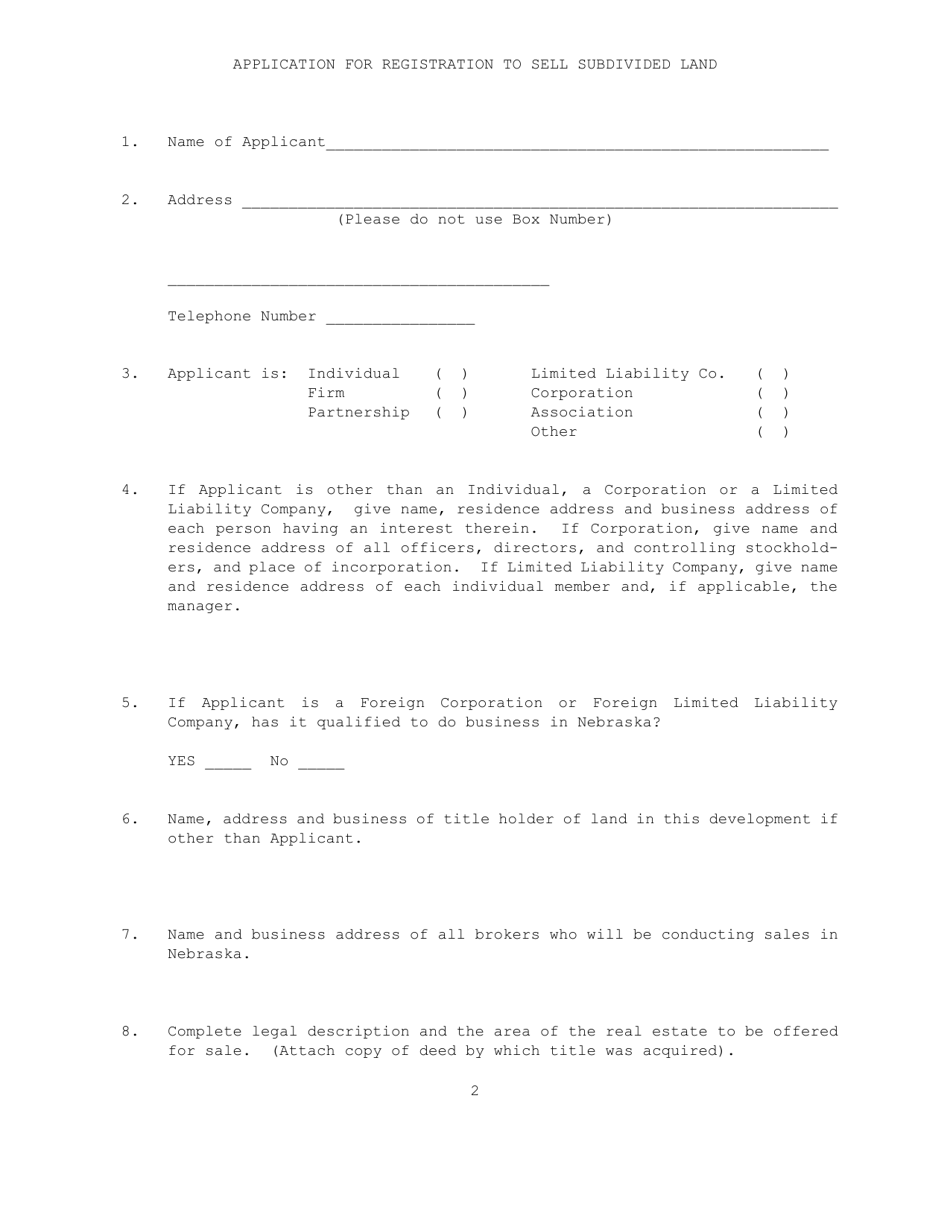 Application for Registration to Sell Subdivided Land - Nebraska, Page 2