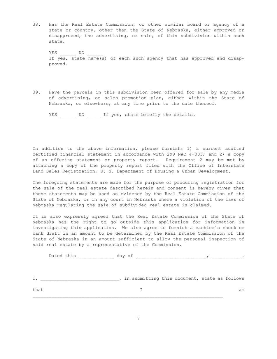 Application for Registration to Sell Subdivided Land - Nebraska, Page 7