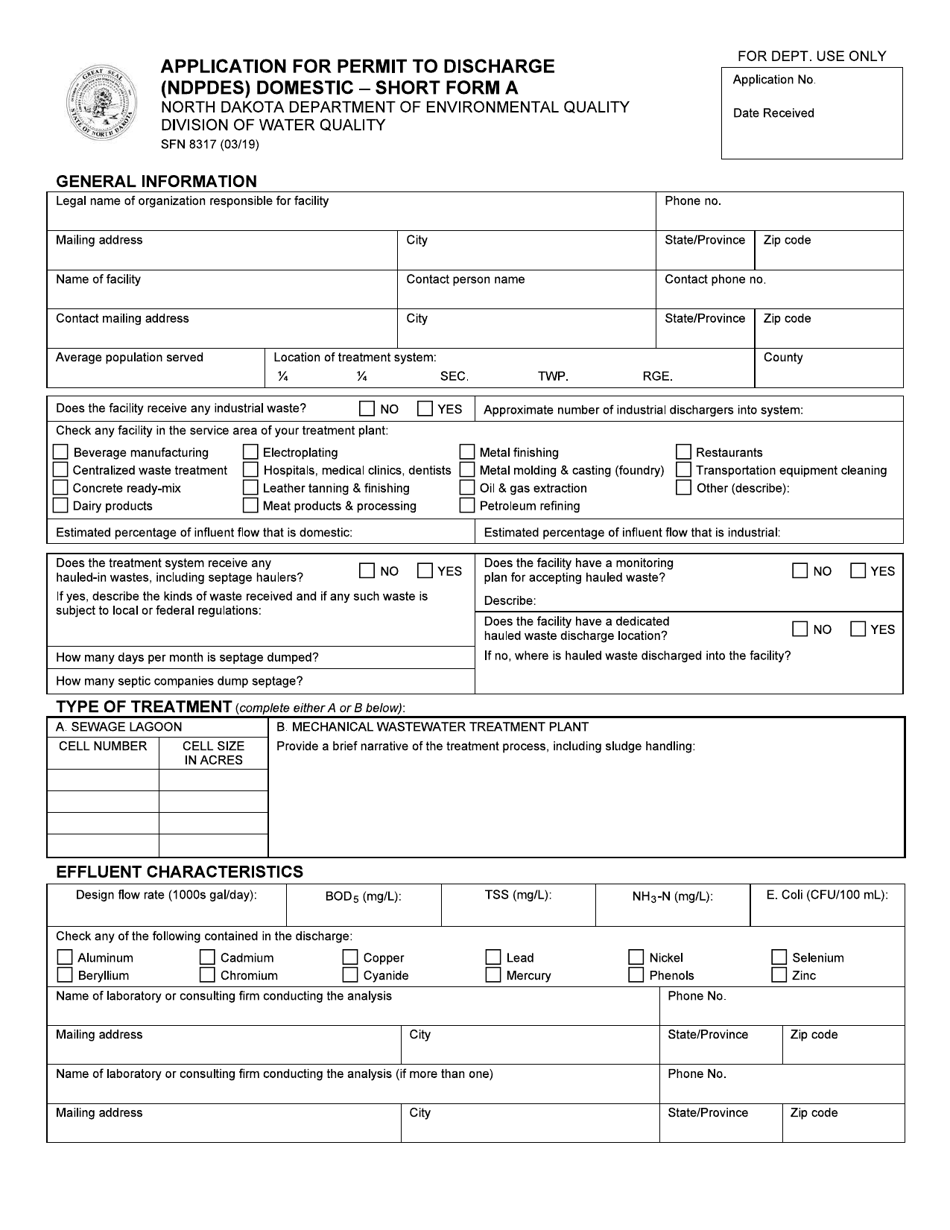 Short Form A (SFN8317) Application for Permit to Discharge (Ndpdes) Domestic - North Dakota, Page 1