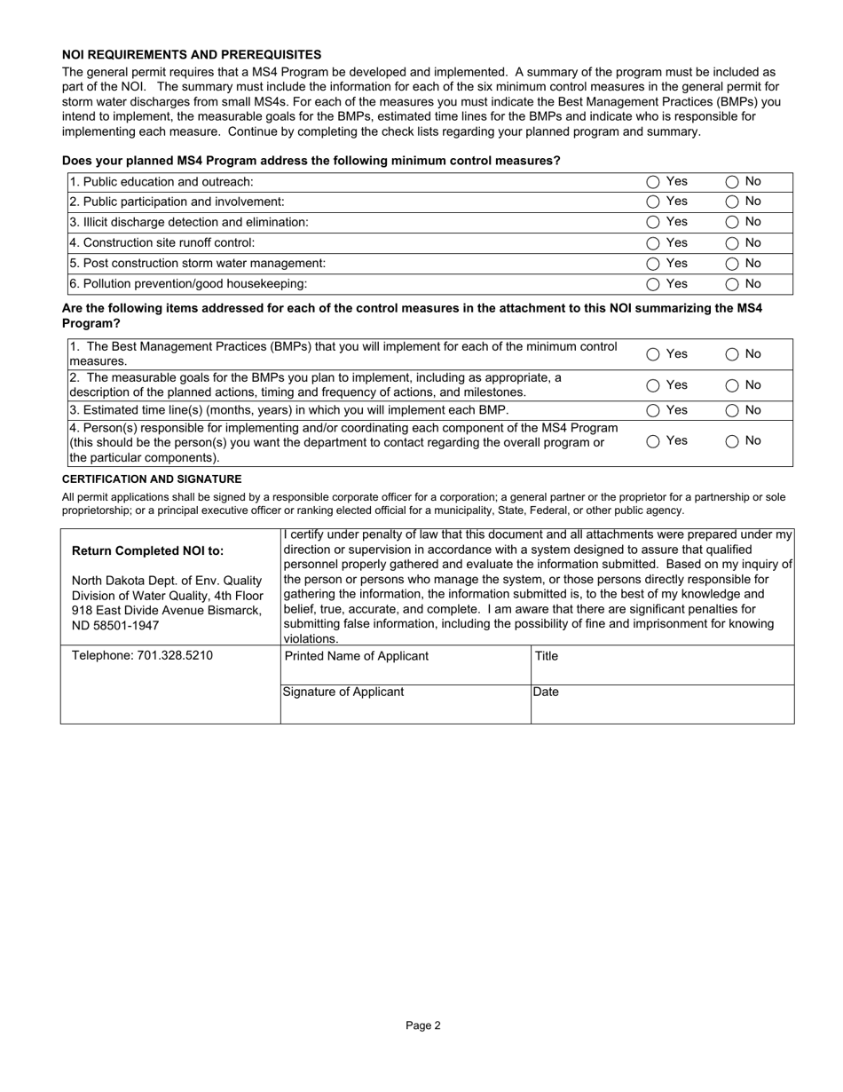 Form SFN53488 Notice of Intent for Coverage Under Ndpdes General Permit Ndr04-0000 for Storm Water Discharges From Small Municipal Separate Storm Sewer Systems (Ms4s) - North Dakota, Page 2