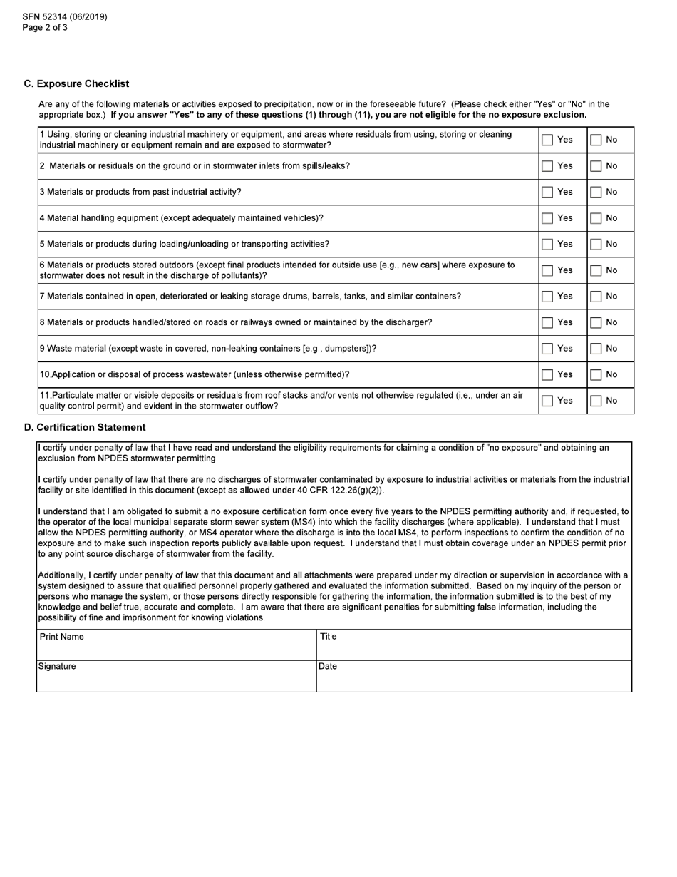 Form SFN52314 No Exposure Certification for Exclusion From Ndpdes Stormwater Permitting - North Dakota, Page 2