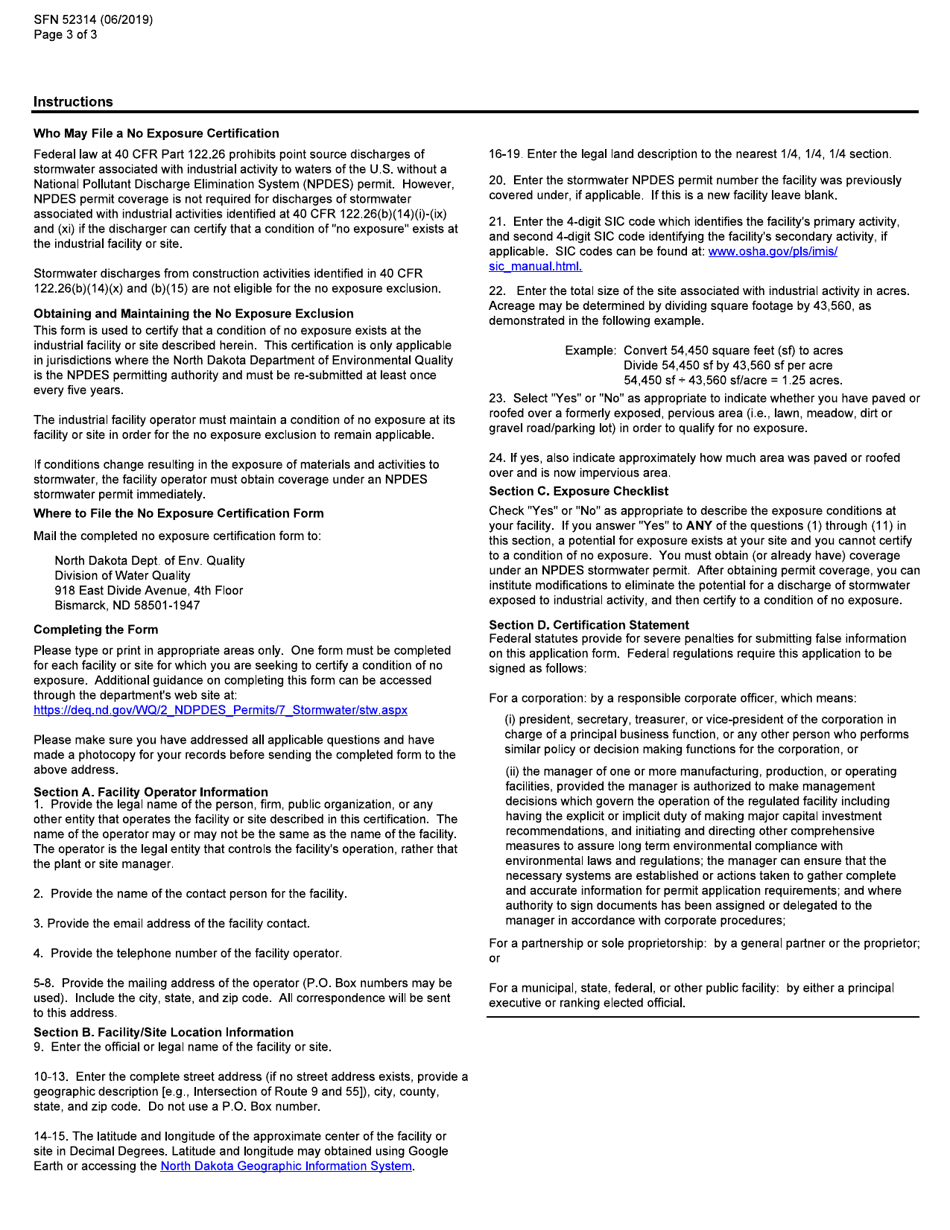 Form SFN52314 No Exposure Certification for Exclusion From Ndpdes Stormwater Permitting - North Dakota, Page 3