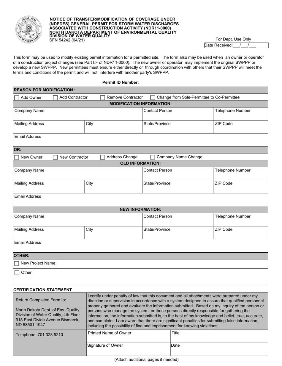 Form SFN54242 Notice of Transfer / Modification of Coverage Under (Ndpdes) General Permit for Storm Water Discharges Associated With Construction Activity (Ndr11-0000) - North Dakota, Page 1