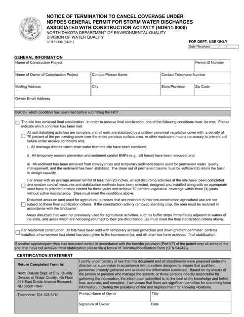 Form SFN19146 Notice of Termination to Cancel Coverage Under Ndpdes General Permit for Storm Water Discharges Associated With Construction Activity (Ndr11-0000) - North Dakota
