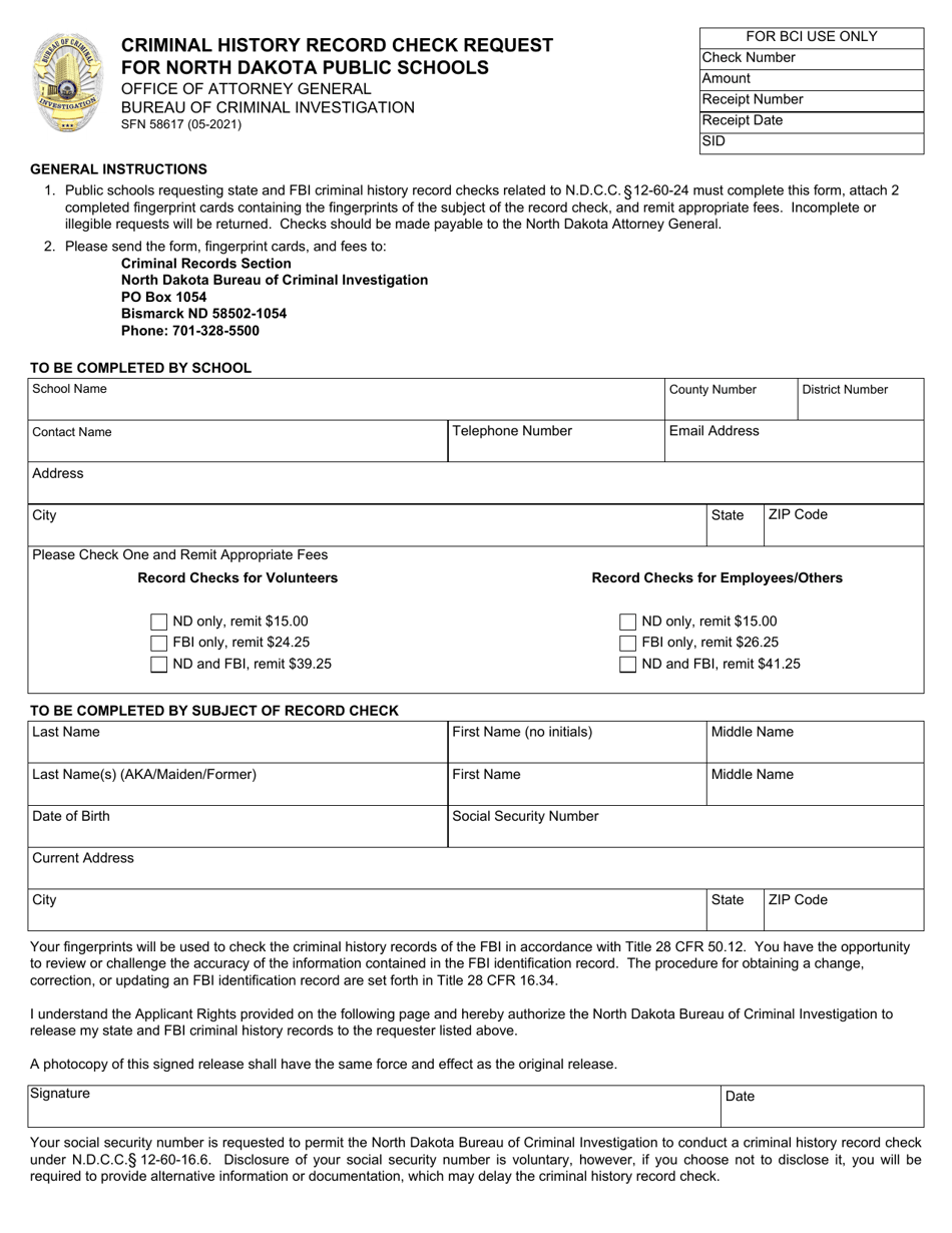 Form SFN58617 Criminal History Record Check Request for North Dakota Public Schools - North Dakota, Page 1