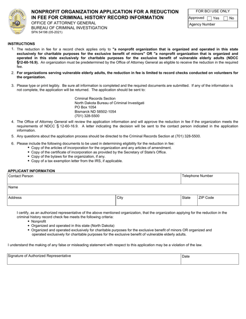 Form SFN54198 Nonprofit Organization Application for a Reduction in Fee for Criminal History Record Information - North Dakota