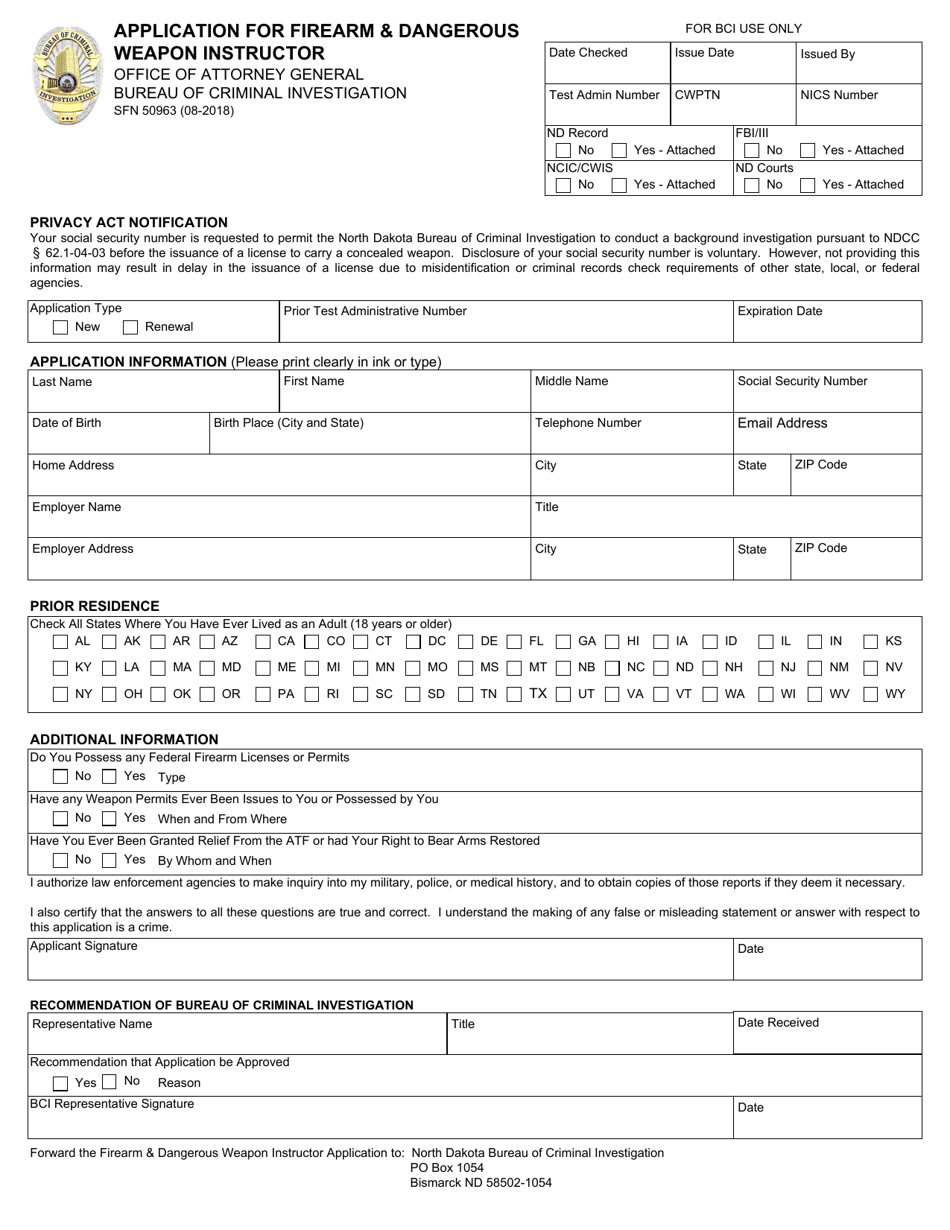 Form SFN50963 Application for Firearm  Dangerous Weapon Instructor - North Dakota, Page 1