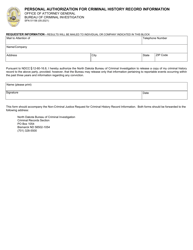 Document preview: Form SFN51156 Personal Authorization for Criminal History Record Information - North Dakota