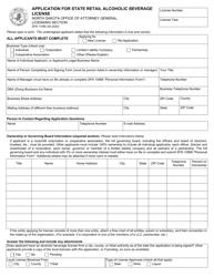 Form SFN11066 Application for State Retail Alcoholic Beverage License - North Dakota
