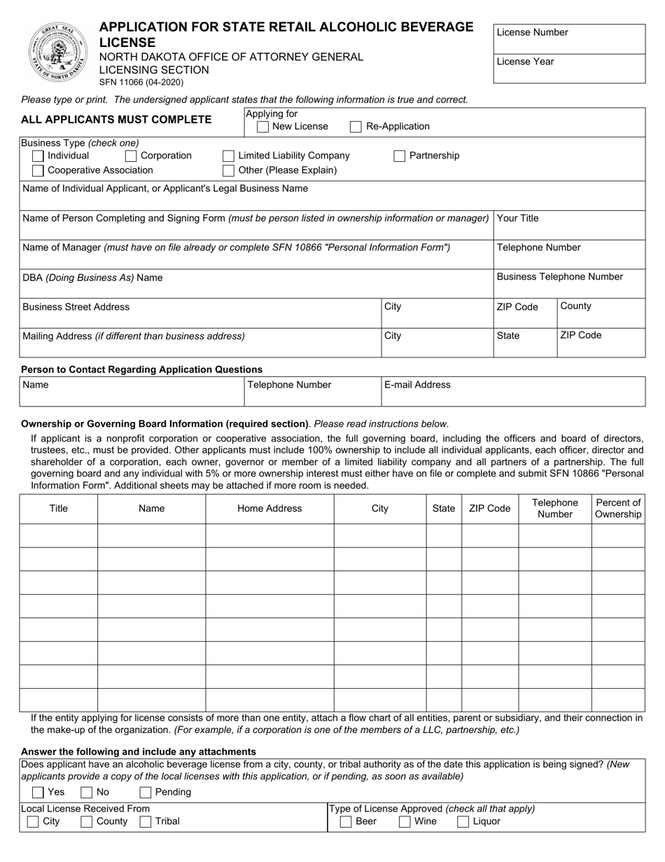 Form SFN11066 Application for State Retail Alcoholic Beverage License - North Dakota, Page 1