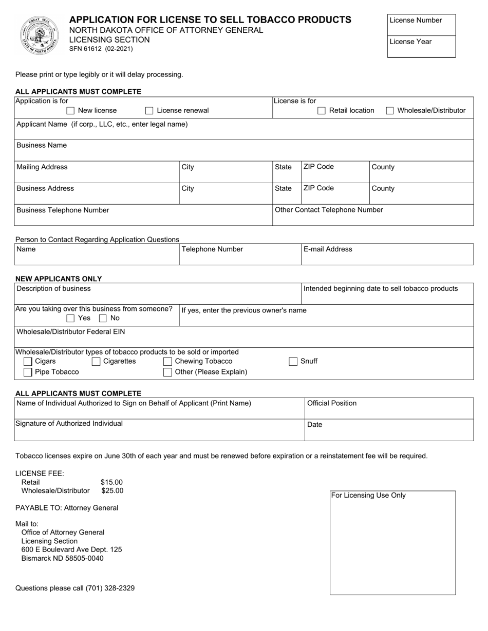 Form SFN61612 Application for License to Sell Tobacco Products - North Dakota, Page 1