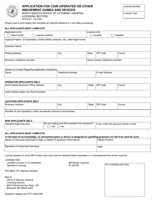 Form SFN61611 Application for Coin Operated or Other Amusement Games and Devices - North Dakota
