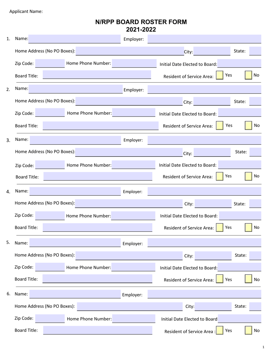 N / Rpp Board Roster Form - New York, Page 1