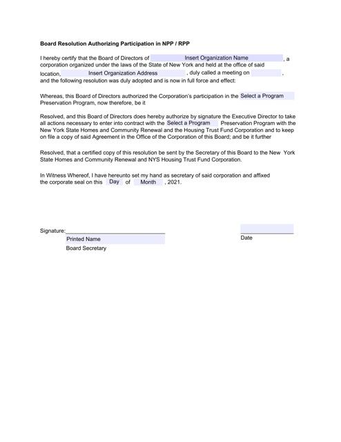 Board Resolution Authorizing Participation in Npp / Rpp - New York Download Pdf
