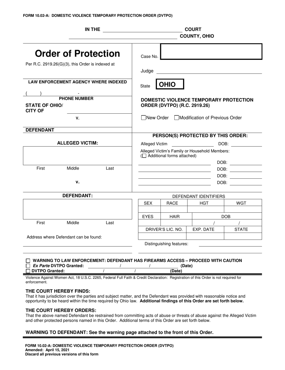 Form 10.02-A Domestic Violence Temporary Protection Order (Dvtpo) - Ohio, Page 1